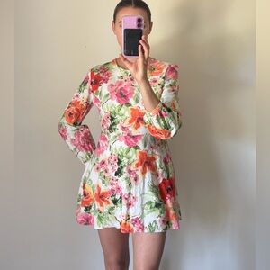 Zara Naya Linen Cotton Floral Long Sleeve Mini Dress Women’s Size 6
